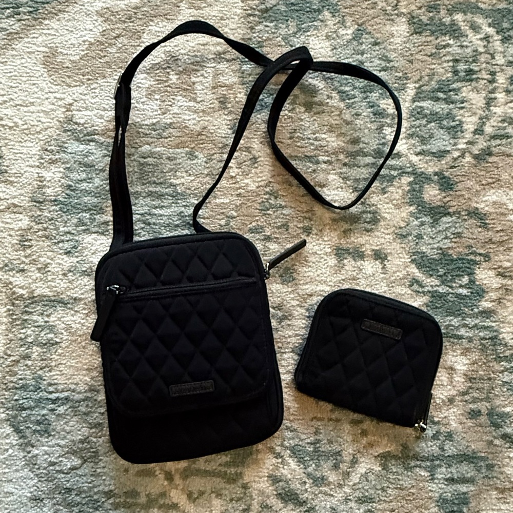 Vera Bradley Black Quilted Crossbody Purse + Zip Wallet Set Floral Lining